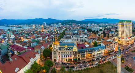 Panoramic view of Batumi and Astronomical clock, Georgia. Twilight over the old city and Downtown of Batumi - capital of Adjara, Georgia.