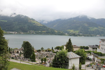 cemetery and village on mountain lake