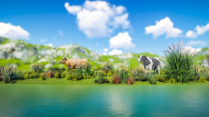 Cow at Landscape 3D Rendering © Lasha Kilasonia