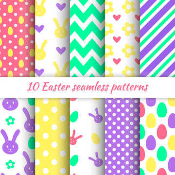 Happy Easter! Set of cute holiday Easter backgrounds. Collection of 10 seamless patterns in yellow, green, violet and pink colors. Vector illustration.