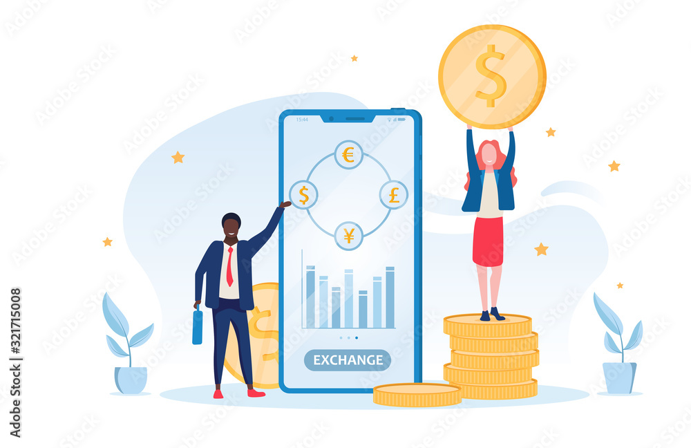 Poster online foreign exchange or trade concept with a businessman using an app on the screen of a mobile p