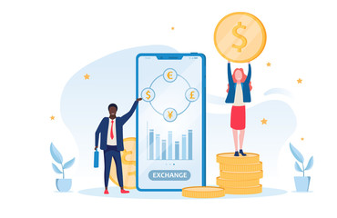 Online foreign exchange or trade concept with a businessman using an app on the screen of a mobile phone to exchange dollars, with assorted currencies and a woman alongside holding up a gold dollar