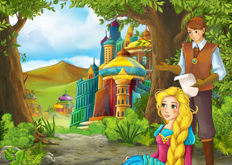 Cartoon nature scene with beautiful castle with prince and princess