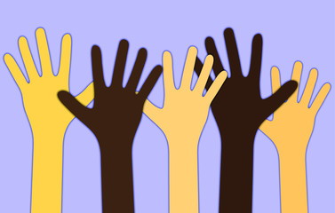 Raised up different races hands isolated on blue background. Volunteering, Helping hand, Teamwork, Friendship, Voting, Human Rights concept simple vector illustration.