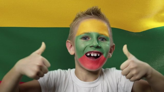 Joyful fan on the background of the flag of Lithuania. Happy boy with painted face in national colors. The young fan rejoices in the victory of his beloved team. Success. Victory. Triumph.