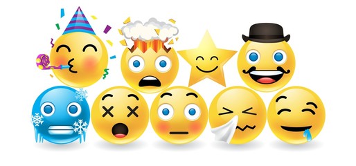 Set of colorful emoticons with expressive faces for a party, dismay, gent in bowler hat, sad, tired, bashful, crying on white with drop shadows, vector design elements