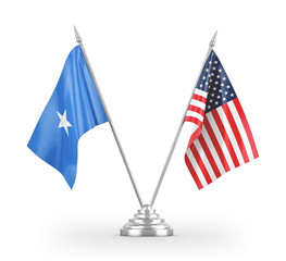 United States and Somalia table flags isolated on white 3D rendering