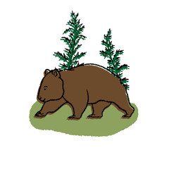 Funny marsupial wombat with background landscape design. Cute vector illustration with an Australian animal. For textiles, cards, posters and other design.