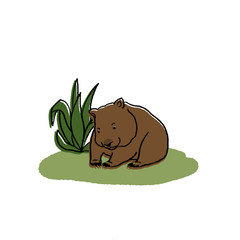 Funny marsupial wombat with background landscape design. Cute vector illustration with an Australian animal. For textiles, cards, posters and other design.