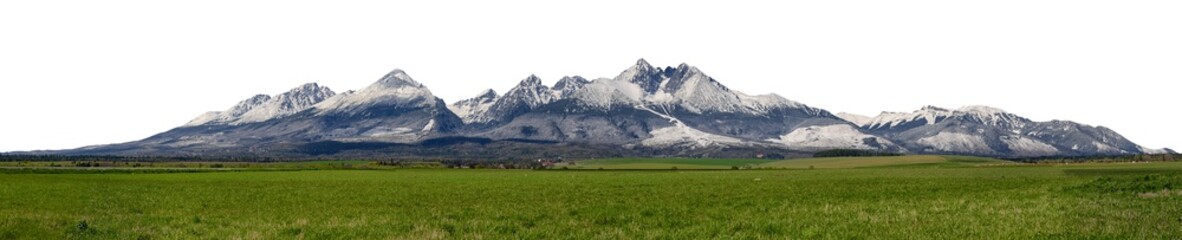 Extra wide panorama of High Tatra, mountains during April with snowy hills Vysoke Tatry, separated,...
