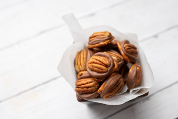 Pretzel Bites with Chocolate Caramel and Pecan 