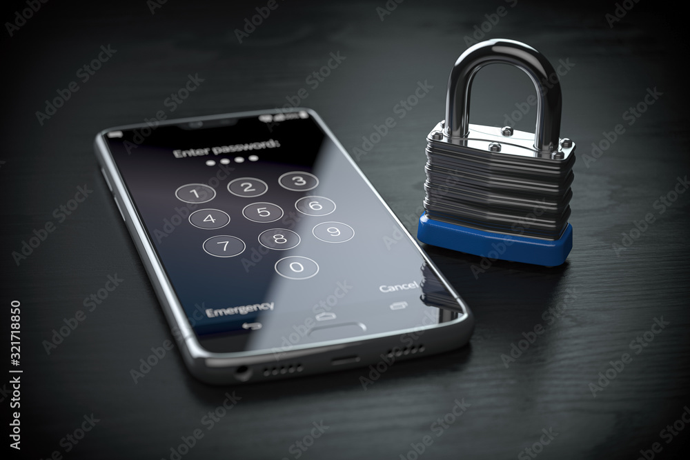 Aufkleber smartphone personal data protection and mobile phone security concept. smartphone and lock.
