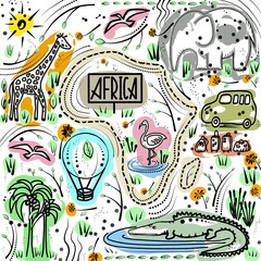 Travel to Africa. Animals painted by child. Safari Zoo park - kids sketchbook with doodles. Black outlines on white background.
