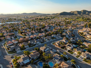 Aerial view of Menifee neighborhood, residential subdivision vila during sunset. Riverside County,...