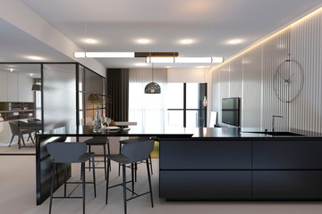 3d render of kitchen and living room