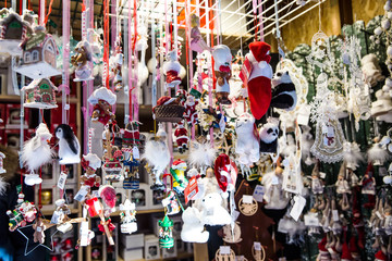 Christmas toys in shop on Christmas market .