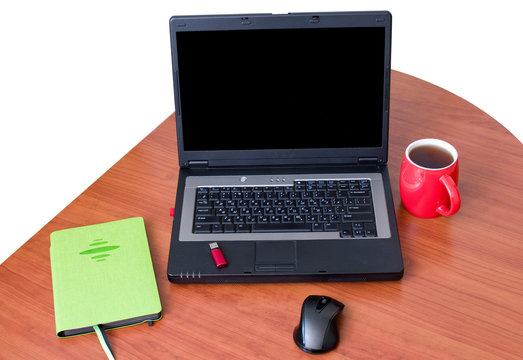  Notebook, red mug, light green diary, mouse and red flash drive