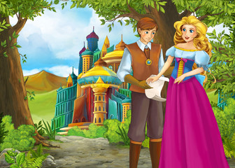 Plakat Cartoon nature scene with beautiful castle with prince and princess