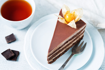 Chocolate cake with chocolate cream filling decorated with physalis