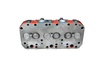 Tractor cylinder head Assembly on an isolated white background.