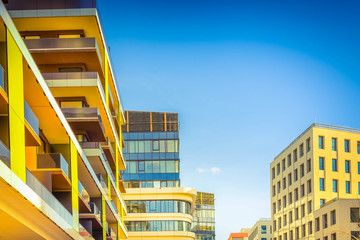 Cityscape office buildings with modern corporate architecture. Exterior of a modern office building. Modern flat buildings
