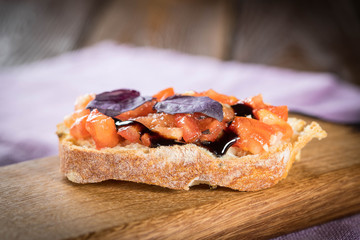 Bruschetta with tomato and basil, bruscetta with salmon and eggs, bruscetta with prosceutto and...