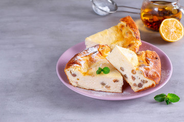 Cottage cheese casserole with raisins. Space for text.