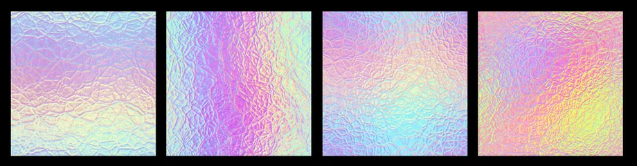 Foto op Aluminium Set of seamless unicorn holographic light crystal patterns textures - iridescent rainbow hologram glass material background © kseniyaomega