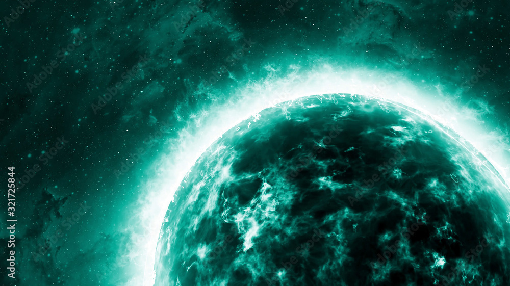 Wall mural mysterious giant gas planet or fire star on cosmos. galactic 3d rendering, galaxy or supernova.