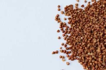 Raw buckwheat of a beautiful brown color is scattered on the right on a light background. Selective focus on grains. Copy space. Background with grits