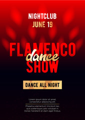 Vertical flamenco dance show template with dark background, graphic elements and text. 