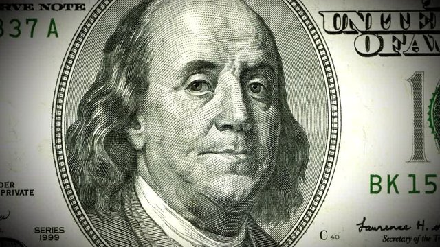 Benjamin Franklin looking suspicious on the US 100 dollar bill - seamless looping.
