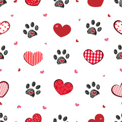 Zwarte doodle pootafdruk met retro mooie hartjes. Happy Valentine& 39 s day, Mother& 39 s Day naadloze stof ontwerp patroon achtergrond vector