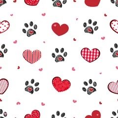 Fototapete Hunde Schwarzer Doodle Pfotenabdruck mit Retro-schönen Herzen. Glücklicher Valentinstag, nahtloser Stoffdesign-Muster-Hintergrundvektor des Mutter Tages
