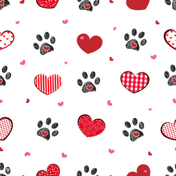 Black doodle paw print with retro beautiful hearts. Happy Valentine's day, Mother's Day seamless fabric design pattern background vector