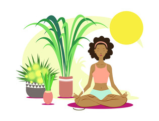 Obraz na płótnie Canvas Black young woman, practicing yoga in the lotus pose. Healthy lifestyle and wellness concept. Flat cartoon vector illustration for meditation, recreation, Yoga Day. Isolated on white background