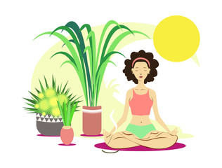 White young woman, sitting in the lotus pose. Healthy lifestyle and yoga concept. Flat cartoon vector illustration for meditation, recreation, Yoga Day. Isolated on white background. 