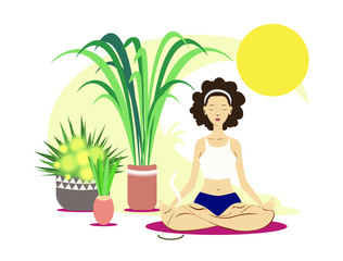 Obraz na płótnie Canvas White young woman, sitting in the lotus pose. Healthy lifestyle and yoga concept. Flat cartoon vector illustration for meditation, recreation, Yoga Day. Isolated on white background. 