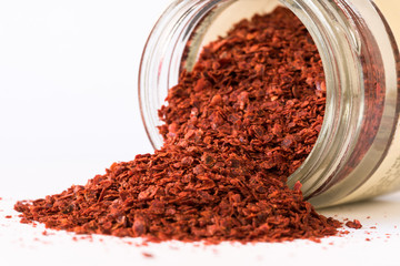 Ground Aleppo Peppers Spilled from a Spice Jar