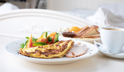 Fresh breakfast isolated no people room service.