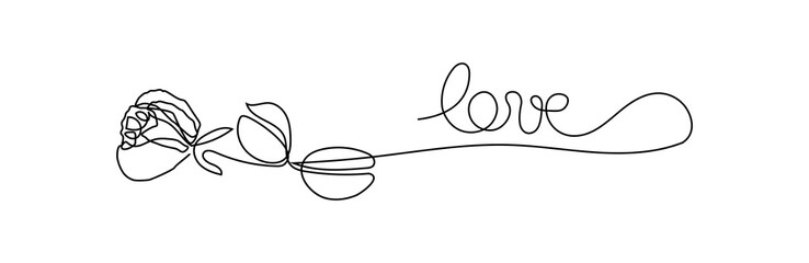 Rose flower one line drawing with phrase Love. Petal botanical plant, vector illustration minimalism. Symbol of love and valentine.