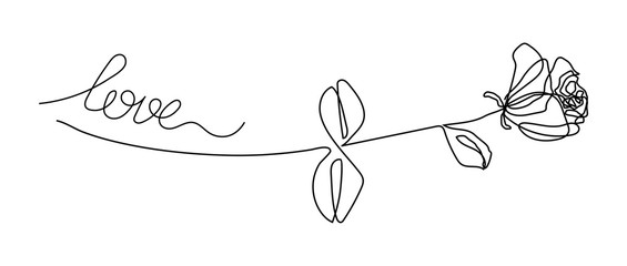 Rose flower one line drawing with phrase Love. Petal botanical plant, vector illustration minimalism. Symbol of love and valentine.