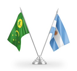 Argentina and Cocos Keeling Islands table flags isolated on white 3D rendering