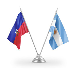 Argentina and Haiti table flags isolated on white 3D rendering