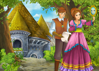 Obraz premium Cartoon nature scene with beautiful castle with prince and princess