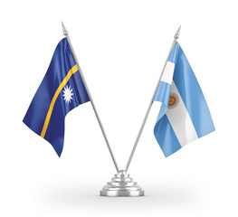 Argentina and Nauru table flags isolated on white 3D rendering