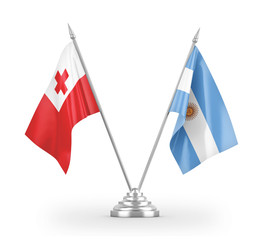 Argentina and Tonga table flags isolated on white 3D rendering