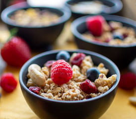 leckeres Müsli mit frischen und getrockneten Beeren. In Nahaufnahme mit unscharfen, hellen Hintergrund