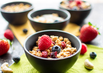 leckeres Müsli mit frischen und getrockneten Früchten im Schälchen. Mit unscharfen Hintergrund