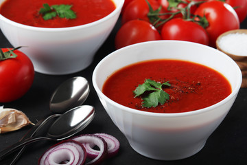 Two plates with gazpacho - traditional Spanish tomato soup